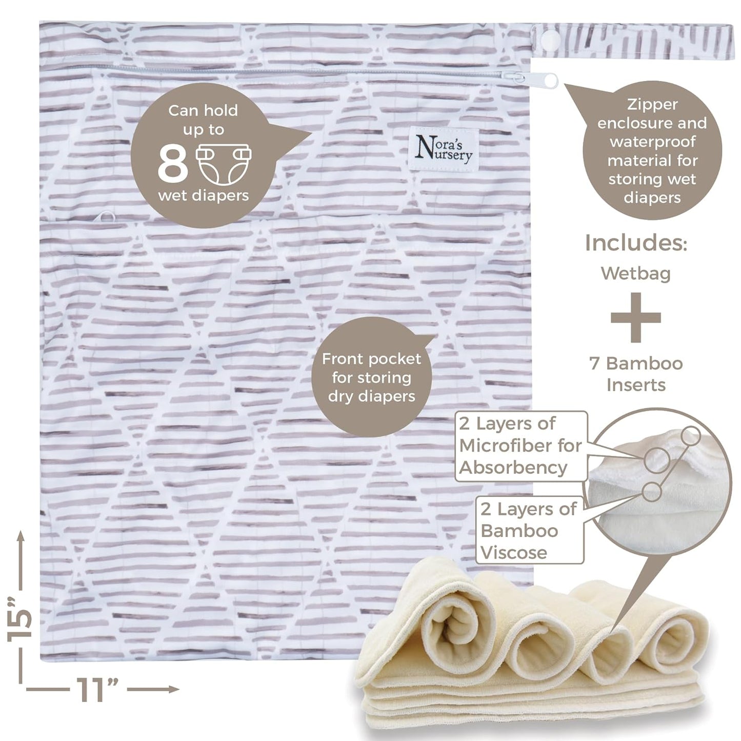 Nora's Nursery Cloth Diapers 7 Pack with 7 Inserts & 1 Wet Bag - Waterproof Cover, Washable, Reusable & One Size Adjustable Pocket Diapers for Newborns and Toddlers - Cali Coastal