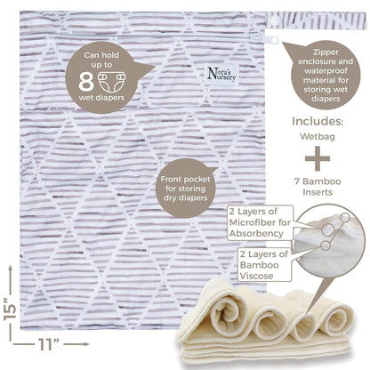 Nora's Nursery Cloth Diapers 7 Pack with 7 Inserts & 1 Wet Bag - Waterproof Cover, Washable, Reusable & One Size Adjustable Pocket Diapers for Newborns and Toddlers - Cali Coastal