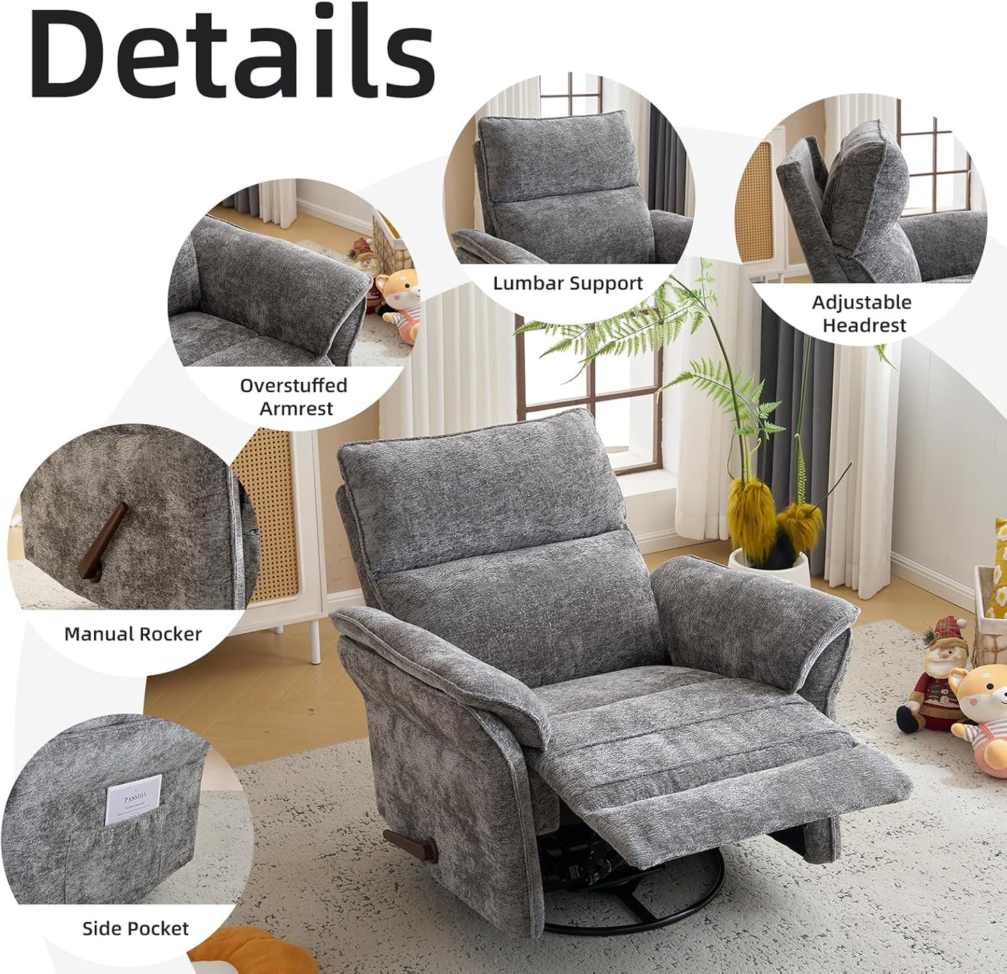 Oversized Glider Rocker Recliner, 26" Extra Wide 360° Swivel Nursery Recliner with Adjustable Headrest, Chenille Rocking Nursery Chair with Overstuffed Armrest, Lumbar Support, Light Grey