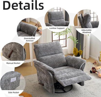 Oversized Glider Rocker Recliner, 26" Extra Wide 360° Swivel Nursery Recliner with Adjustable Headrest, Chenille Rocking Nursery Chair with Overstuffed Armrest, Lumbar Support, Light Grey