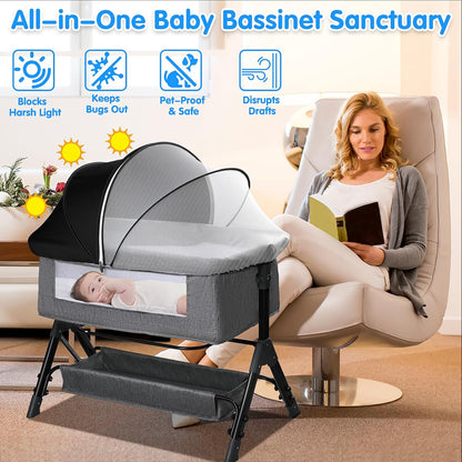 Bassinet Mosquito Net Cover - Half-Blackout Mosquito Net for Baby Crib & Bedside Sleeper, Breathable Crib net with 2-Way Zipper, Sun-Blocking Baby Mosquito Net Cover (Gray-Small)