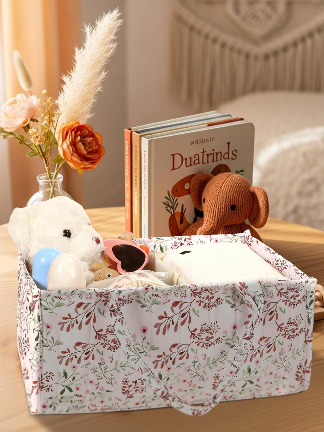 Shinylin 2 Pcs Diaper Caddy Organizer New Mom Gifts Stylish Brown Diaper Caddy Basket Floral Pastoral Daisy Nursery Storage Organizer Baby Shower New Parents Gifts for Baby Newborn Essentials