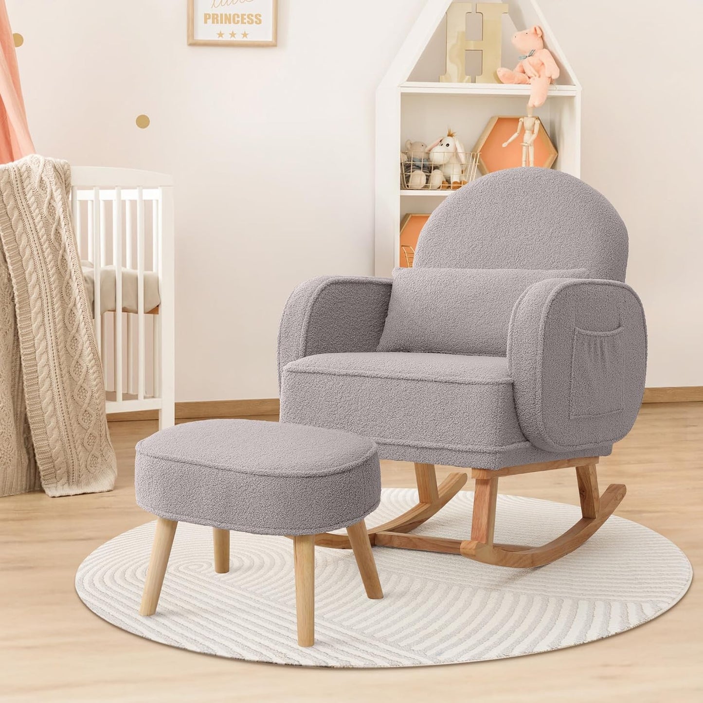 HCHAIRH Nursery Rocking Chair with Ottoman, Upholstered Glider Rocker with High Backrest Side Pocket, Rocking Accent Armchair with Solid Wood Legs for Nursery, Living Room, Bedroom, Light Grey