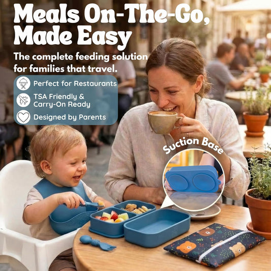 Baby Travel Essentials 6 Pc Silicone Feeding Set - Portable Toddler Plates with Suction, Baby Spoons & Foldable Bib in Carrying Case - BPA-Free Infant & Toddler Utensils for Airplanes & Eating Out