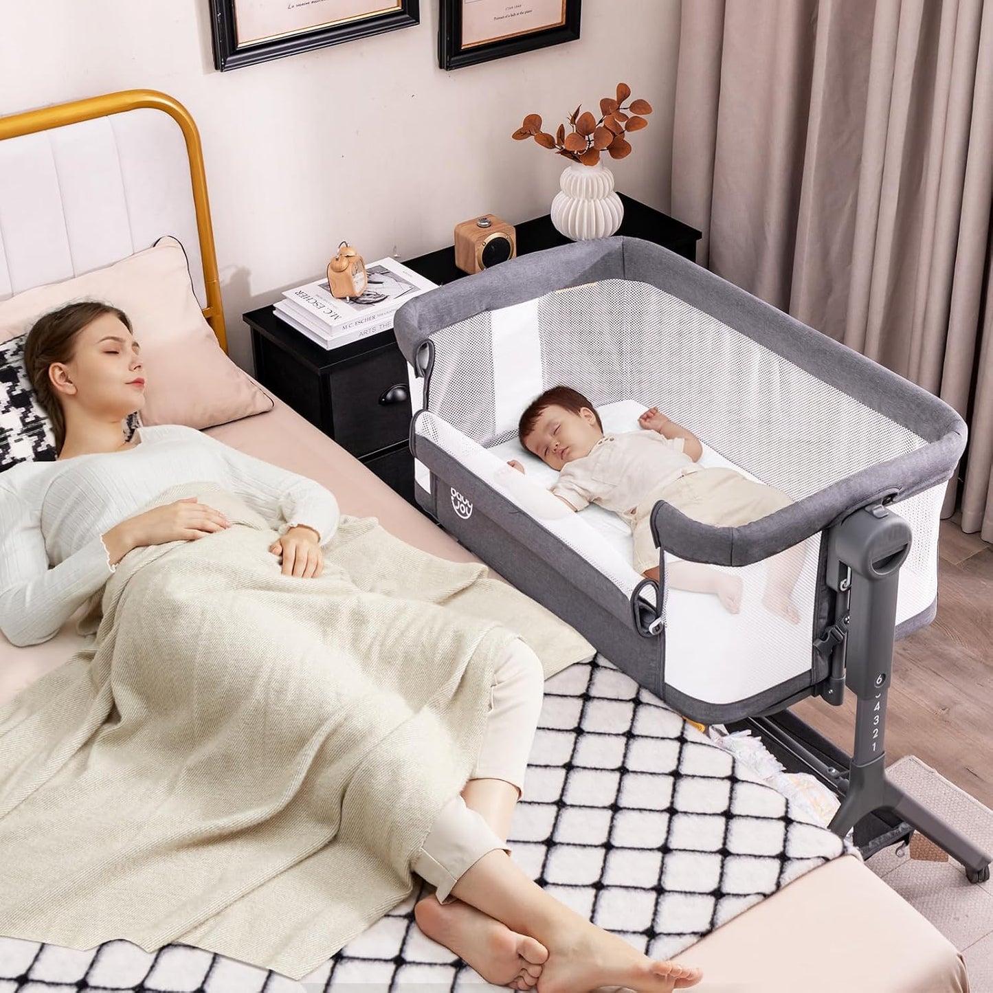 BABY JOY Bassinet Bedside Sleeper, Easy Folding Baby Crib w/All-Side Mesh, Storage Shelf, 7 Adjustable Heights, Mattress & Travel Bag for Safe Co-Sleeping, Portable Baby Bed for Newborn Infant -Gray