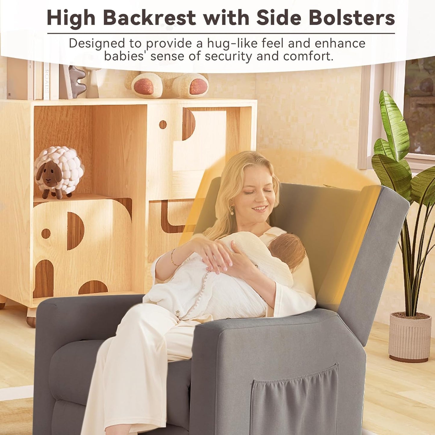 Tbfit Nursery Rocking Chair,360°Swivel Recliner Chair with Lumbar Support for Bedroom, Comfy Upholstered Armchair with Pillows & Footrest for Living Room & Baby Room