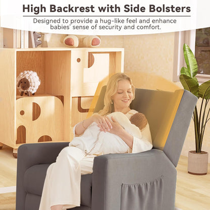 Tbfit Nursery Rocking Chair,360°Swivel Recliner Chair with Lumbar Support for Bedroom, Comfy Upholstered Armchair with Pillows & Footrest for Living Room & Baby Room