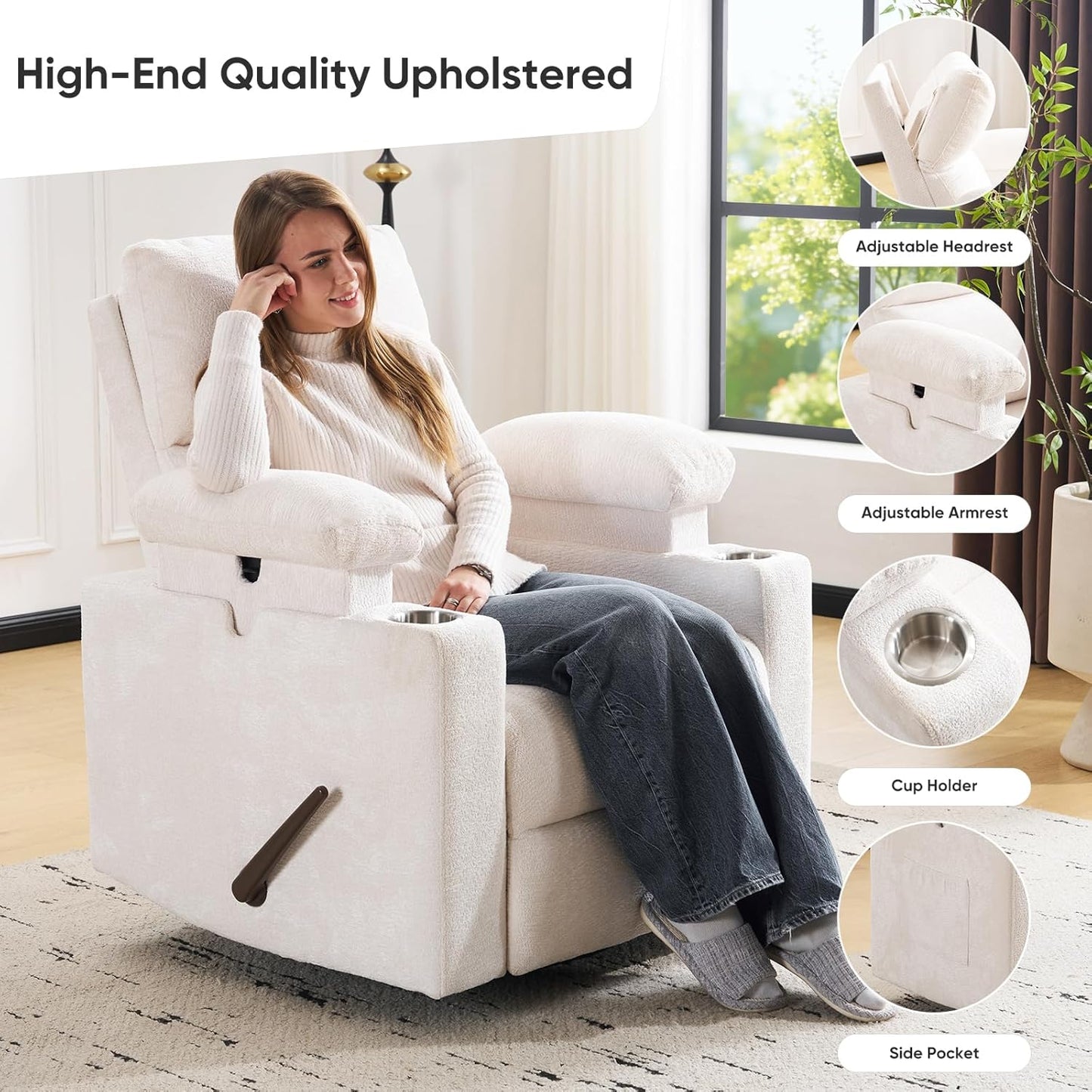 Rocking Chair Nursery with Adjustable Armrests, Electric Glider Recliner Nursing Chair for Breastfeeding, Power Swivel Recliner Chairs with Massage and Heat, Adjustable Headrest , FSC Certified, White