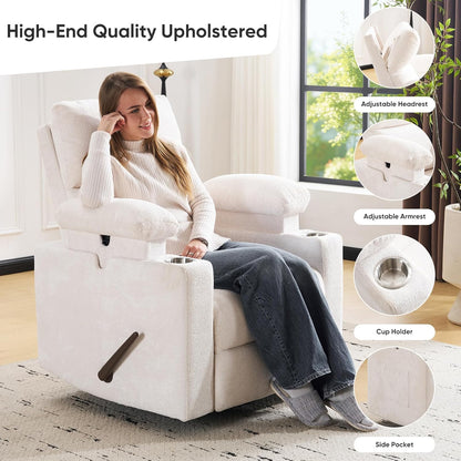 Rocking Chair Nursery with Adjustable Armrests, Electric Glider Recliner Nursing Chair for Breastfeeding, Power Swivel Recliner Chairs with Massage and Heat, Adjustable Headrest , FSC Certified, White