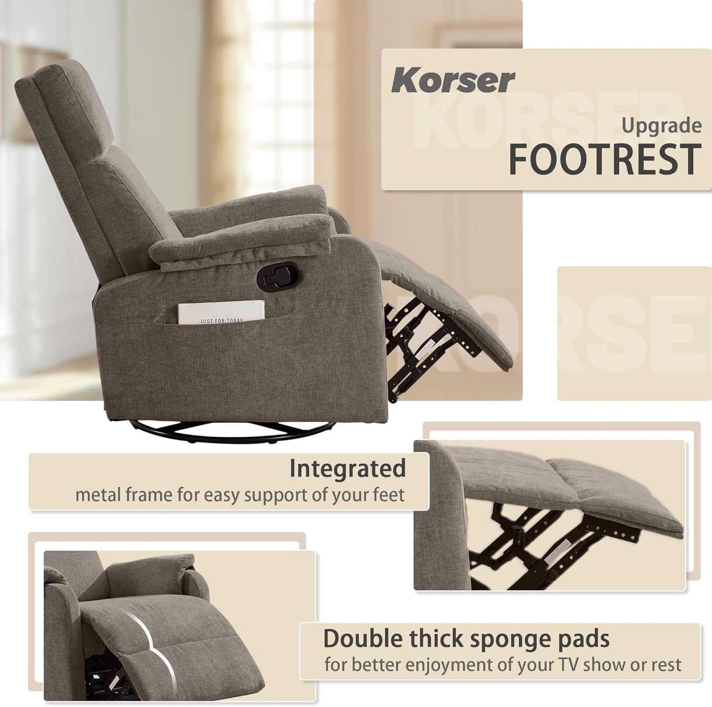 Korser Recliner Chair, Swivel Rocking Recliner Chair for Adults, Glider Rocking Chair, Small Nursery Chair Recliner for Living Room, Reclining Chair with Modern-Designed Armrests, Chenille, Beige
