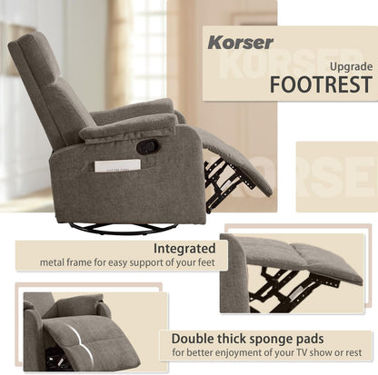 Korser Recliner Chair, Swivel Rocking Recliner Chair for Adults, Glider Rocking Chair, Small Nursery Chair Recliner for Living Room, Reclining Chair with Modern-Designed Armrests, Chenille, Beige