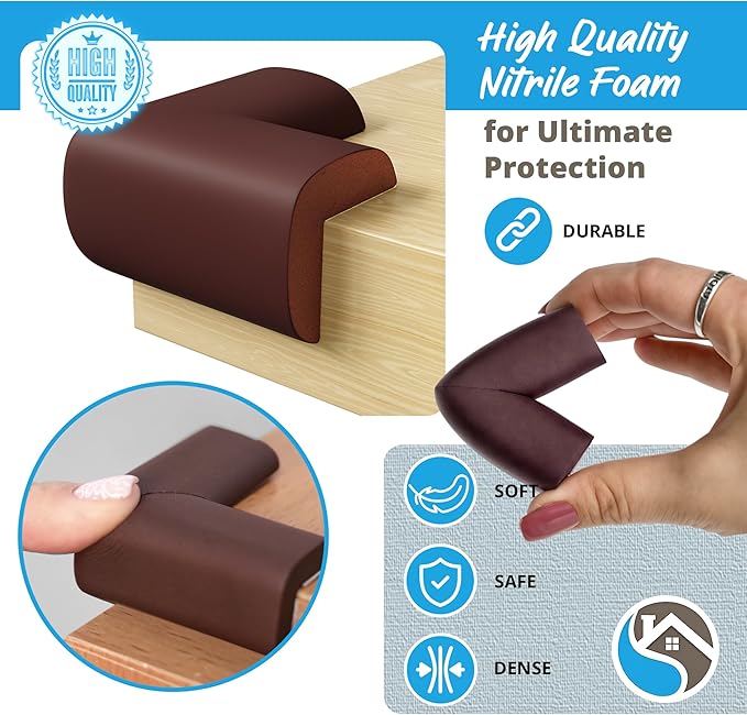 12-Pack Baby Proofing Corner Protectors, Furniture Corner and Edge Safety Bumpers, Soft Rubber Foam Cushion Covers, 3M Taped Corner Guards, Baby Child Proofing Pads for Tables & Furniture, Brown