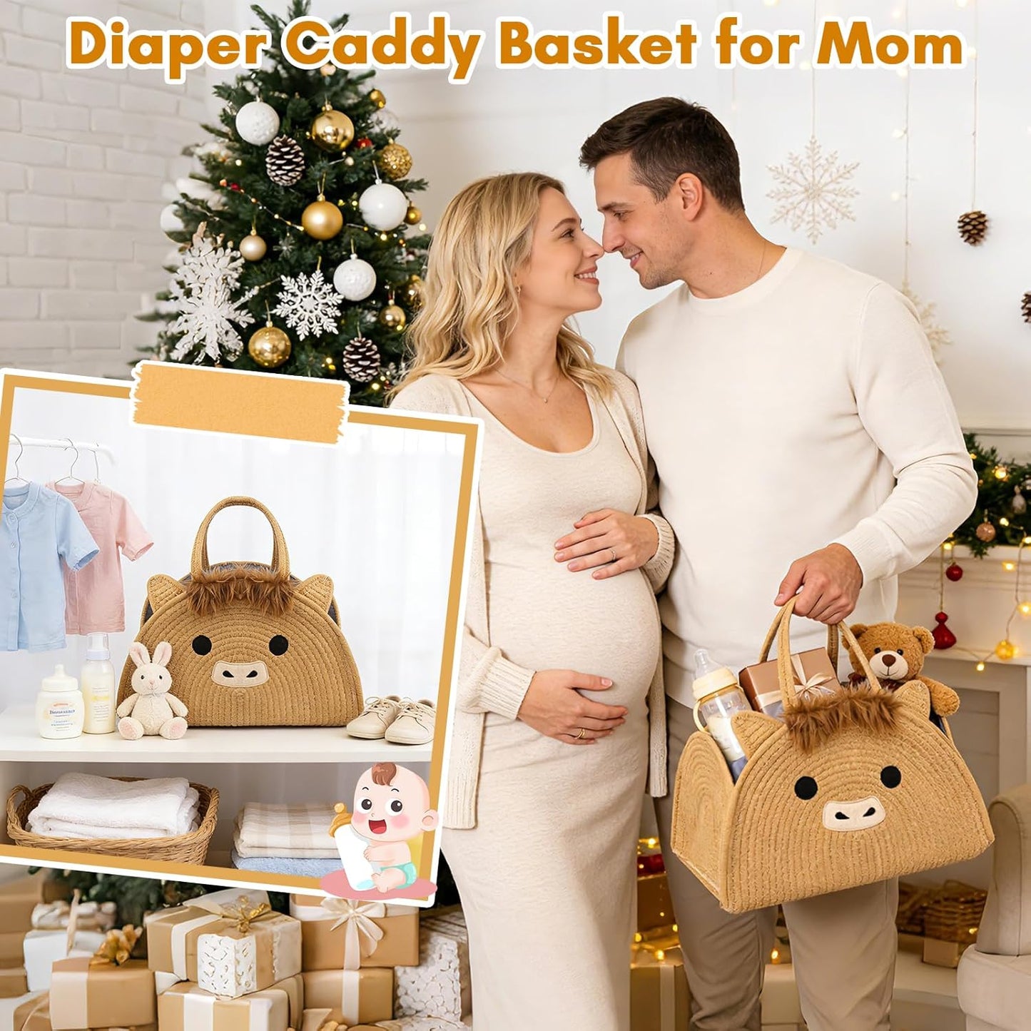 Highland Cute Cow Baby Diaper Caddy Organizer, Woven Cotton Rope Basket for Nursery, Portable Diaper Caddy Empty Gift Basket, Baby Wipes Shower Towels Storage Bins for Newborn Essentials