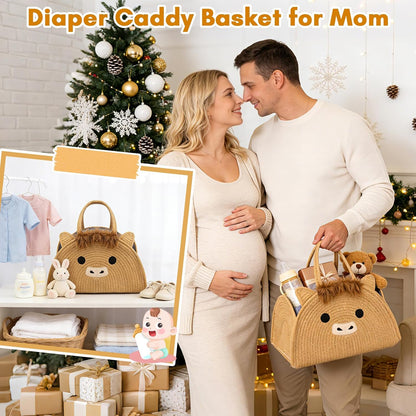 Highland Cute Cow Baby Diaper Caddy Organizer, Woven Cotton Rope Basket for Nursery, Portable Diaper Caddy Empty Gift Basket, Baby Wipes Shower Towels Storage Bins for Newborn Essentials