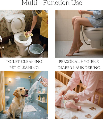 Handheld Toilet Bidet Sprayer — Adjustable Water Pressure, with Hose, Feminine & Pet Wash Kit, Bathroom Hygiene Attachment for Cloth Diaper Cleaning (Quick Install, Stainless Steel)