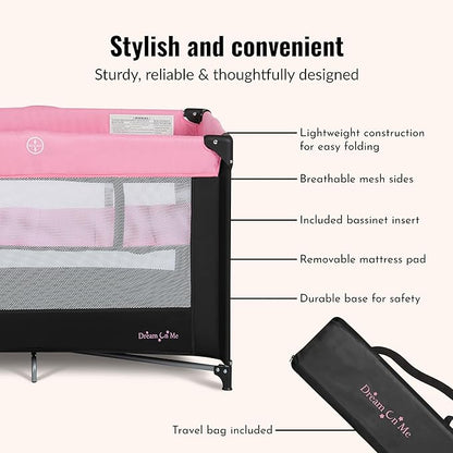 Dream On Me Zazzy Portable Playard with Bassinet - 360° Mesh Visibility, Quick Folding Travel Friendly Design, Carry Bag and Foldable Mattress Pad Included, Compact and Lightweight - Pink