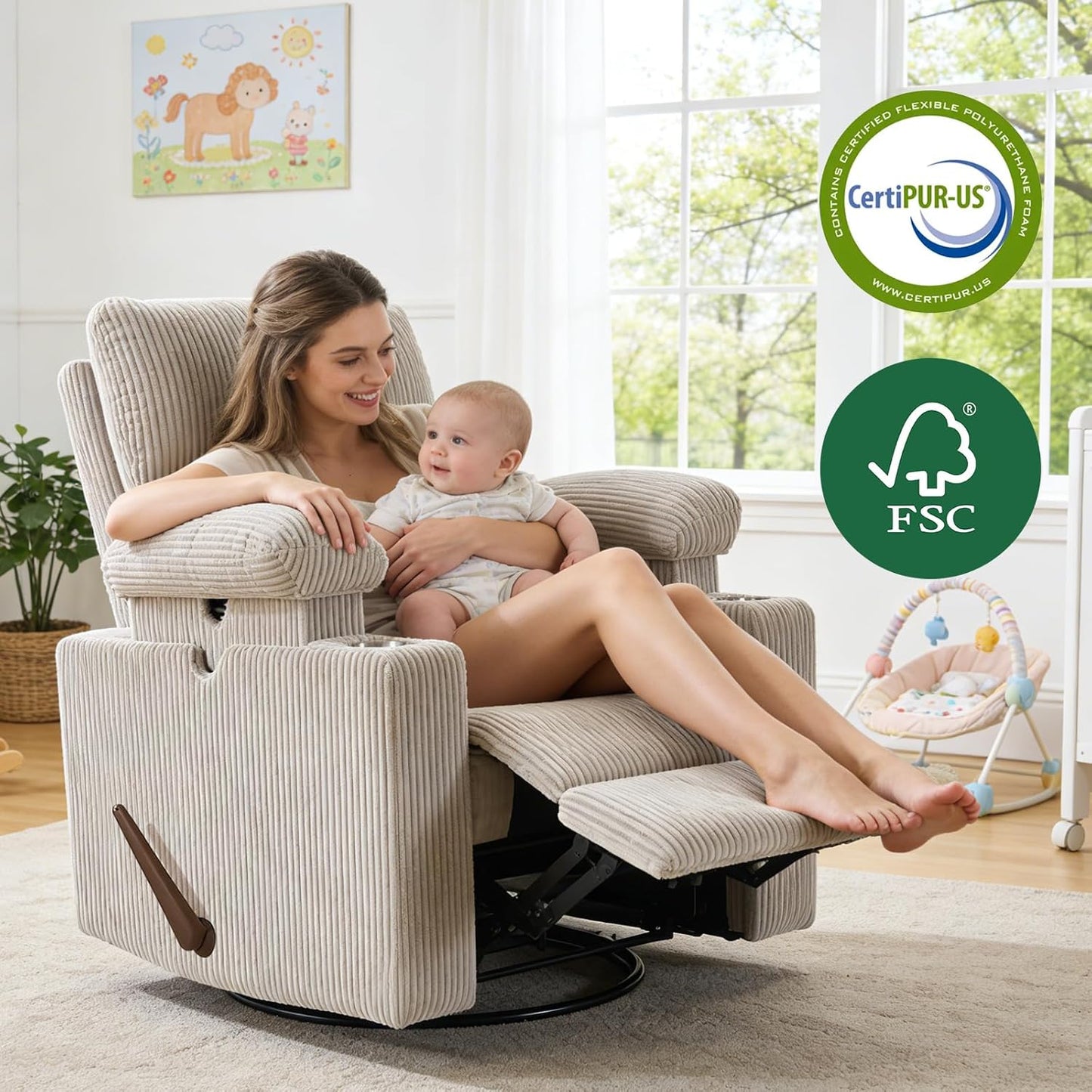 Rocking Chair Nursery with Adjustable Armrest for Breastfeeding, Glider Recliner Nursery Chair with Massage and Heat, Power Swivel Rocker Recliner with Adjustable Headrest, Corduroy, Beige