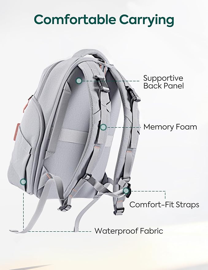 Babelio Grid Wizard Diaper Bag Backpack - Multi Function Waterproof Diaper Bag, Travel Essentials Baby Bag with Insulated Bottle Holders, Baby Shower Gifts, Grey