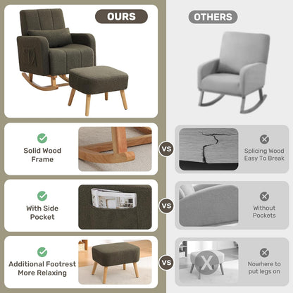 HCHAIRH Nursery Rocking Chair with Ottoman, Upholstered Glider Rocker with High Backrest Side Pocket, Rocking Accent Armchair with Solid Wood Legs for Nursery, Living Room, Bedroom, Light Grey