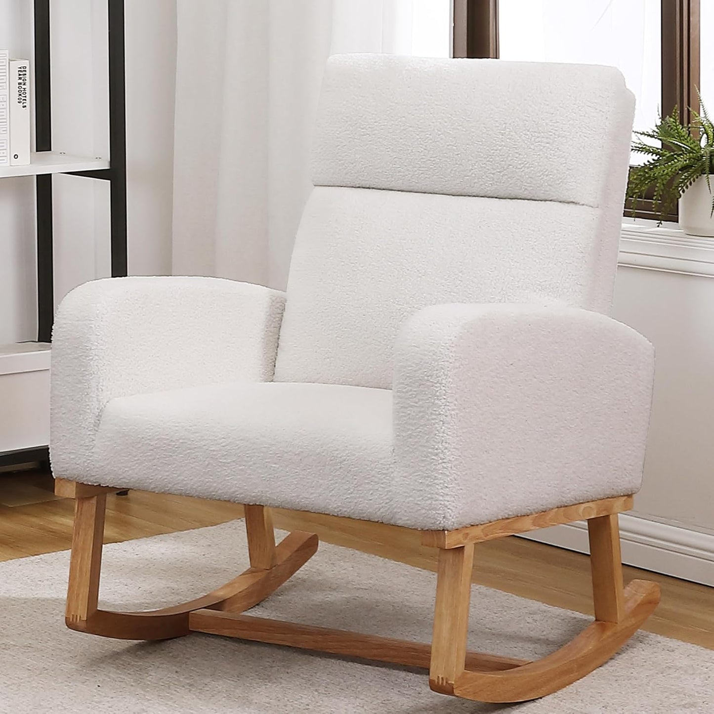 HCHAIRH Rocking Chair Nursery, Upholstered Fabricr Nursing Rocking Chairs with Soft High Back, Modern Nursery Glider Rocker for Mom Living Room, Bedroom, Camel