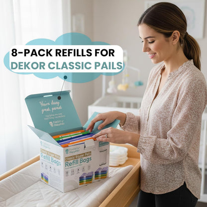 Factory Happyou® Pack of 8 Refills Compatible with Dekor CLASSIC Pails (NOT COMPATIBLE WITH DEKOR PLUS). Each refill is 472 in Long, 30% Thicker, Odor Control. Each refill holds up to 600 Diapers