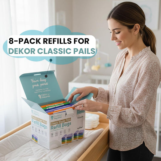 Factory Happyou® Pack of 8 Refills Compatible with Dekor CLASSIC Pails (NOT COMPATIBLE WITH DEKOR PLUS). Each refill is 472 in Long, 30% Thicker, Odor Control. Each refill holds up to 600 Diapers