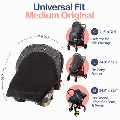 Stroller Sun Shade Extender – Universal Clip-On Baby Stroller Sun Shade Cover, UV Protection, Breathable See-Through Mesh, Adjustable Fit, Large Black