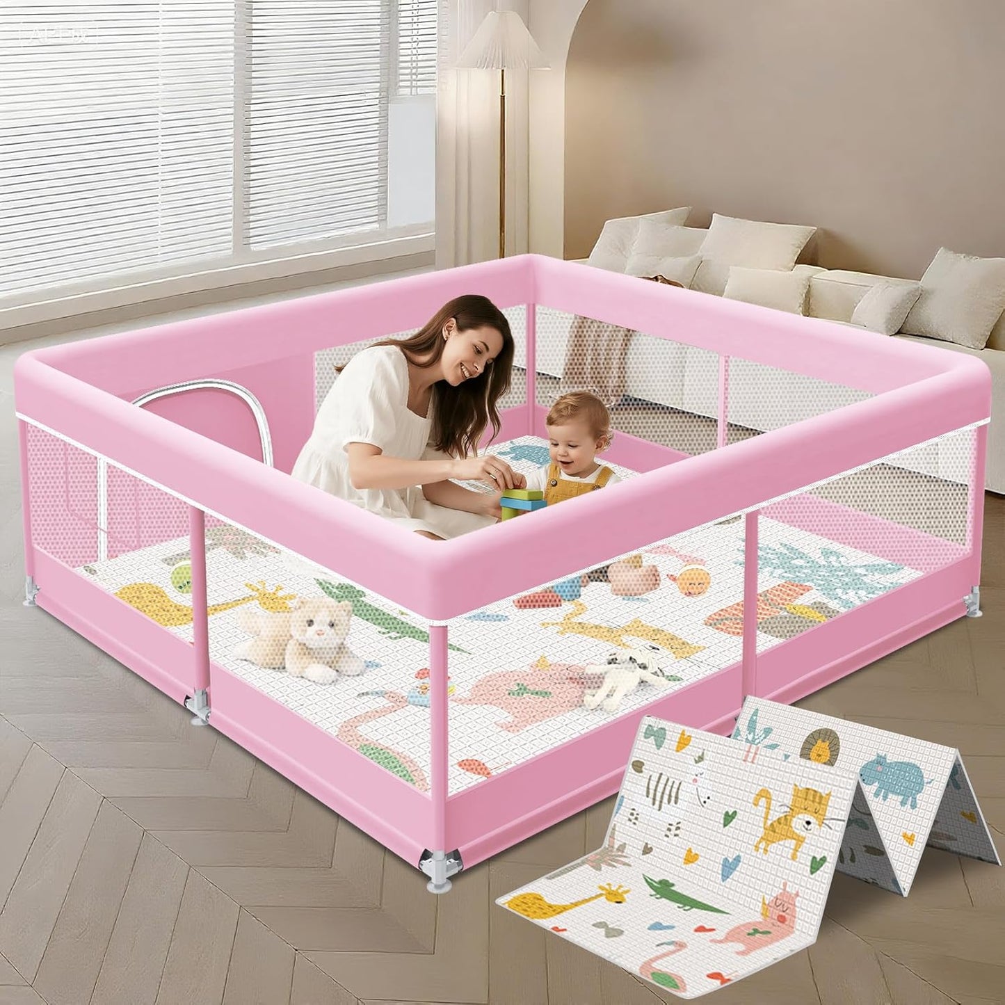 XVISHX Baby Playpen 50 x 50 Inch Play Pen Playards, Playpen for Babies and Toddlers, Baby Playard for Indoor & Outdoor Active Center Game Fence, with Skin-Friendly Fabric and Soft Breathable Mesh Grey