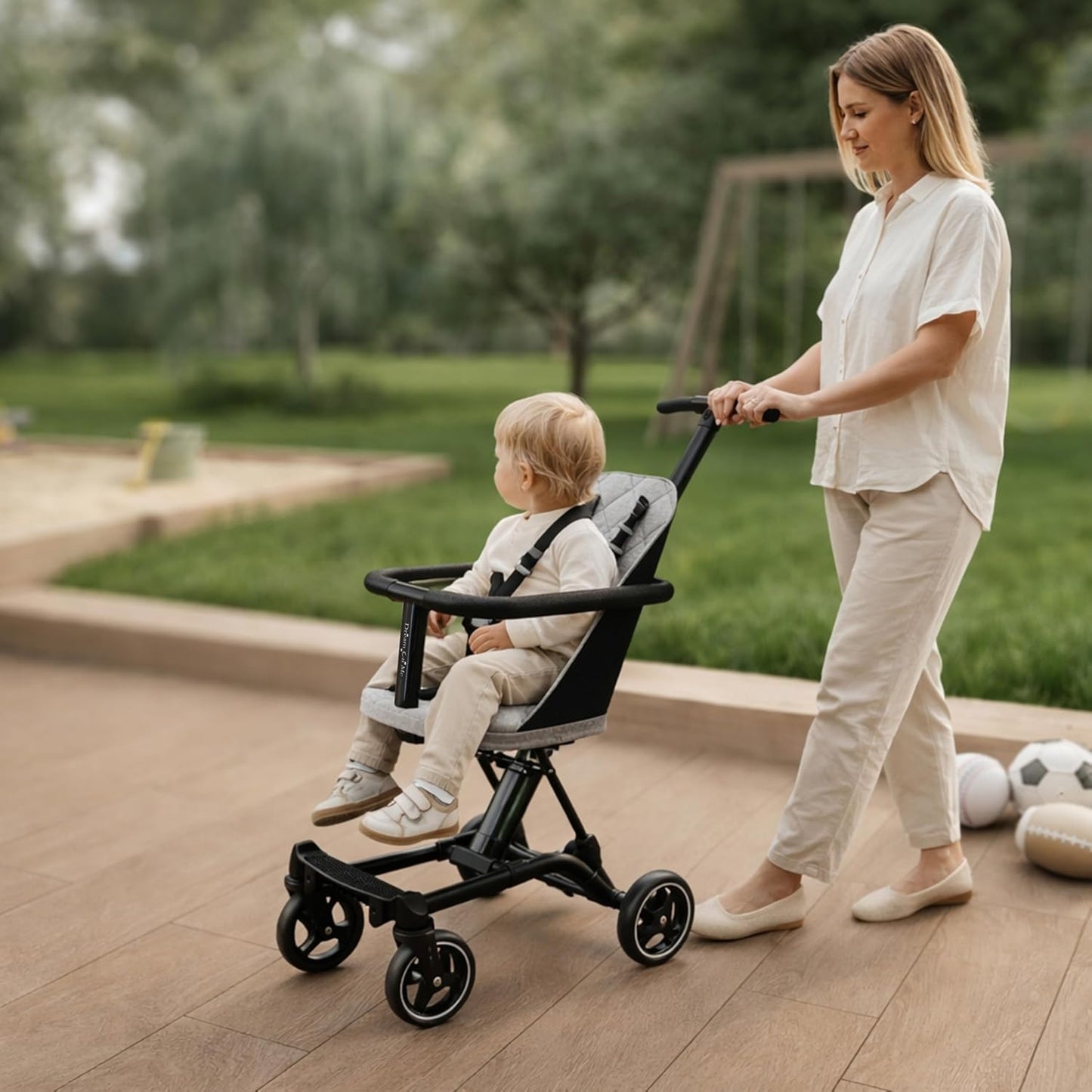 Dream On Me Coast Rider Travel Stroller, Lightweight & Compact Baby Stroller, Theme Park Approved, Book-Folding Design, Adjustable Handle, Soft-Ride Wheels, Converts to Rider & Scooter - Black