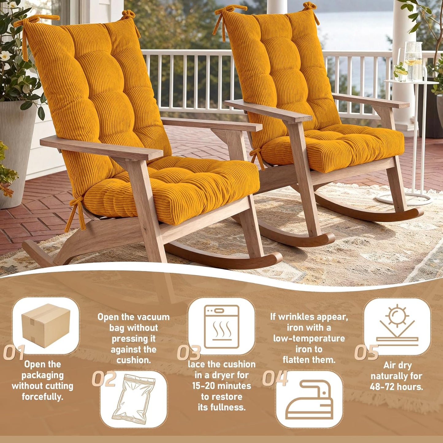 Rocking Chair Cushion with Ties Non-Slip Outdoor Rocking Chair Cushion Set Waterproof Fade-Resistant Porch Garden Patio Glider Rocker Cushions