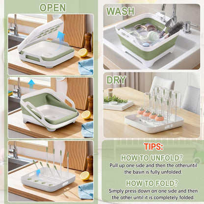 Yecuip Collapsible Wash Basin for Baby Bottles with Drying Rack – 2.4 Gallon Foldable Dish Tub with Handles, Portable RV Camping Sink & Space-Saving Wash Bin with Lid for Kitchen, Travel & Outdoor