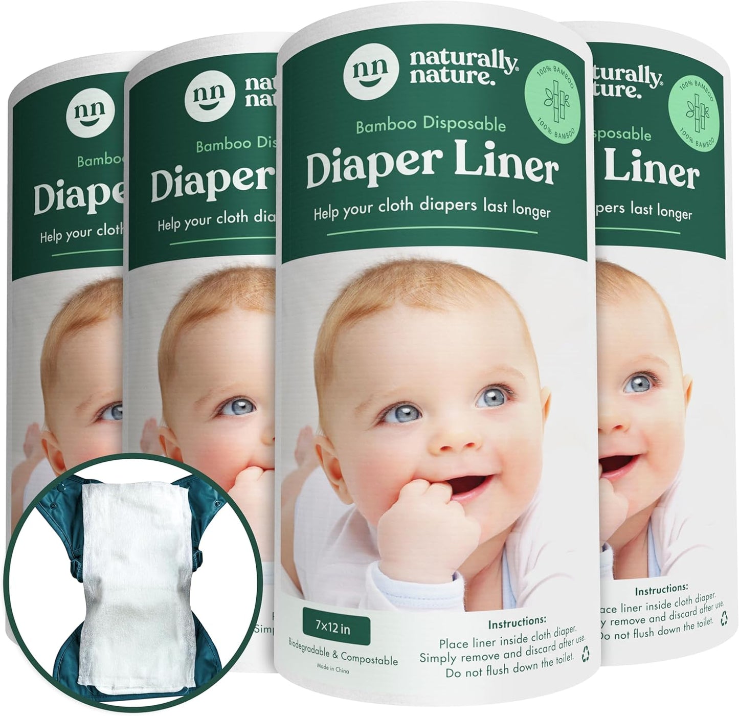 Naturally Nature Disposable Cloth Diaper Liners, Unscented, Fragrance-Free, Chlorine Free Diaper Inserts - 200 Count - (2 Rolls, 100 Sheets per Roll)