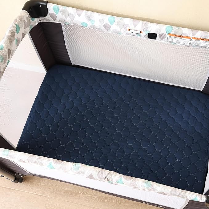 David’s Kids 2 Pack Mini Crib Waterproof Cover, 38" x 25" Fitted Breathable Protector Sheet with Elastic Skirt, Soft Pad Cover for Crib and Playard, Navy Blue & Sage Green
