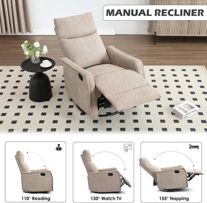 Trustyue Swivel Rocker Recliner Chair, 360° Swivel Recliner with Heat and Massage, Rocker Recliner Nursery Glider Chair with Side Pockets for Living Room (Beige, Fabric)