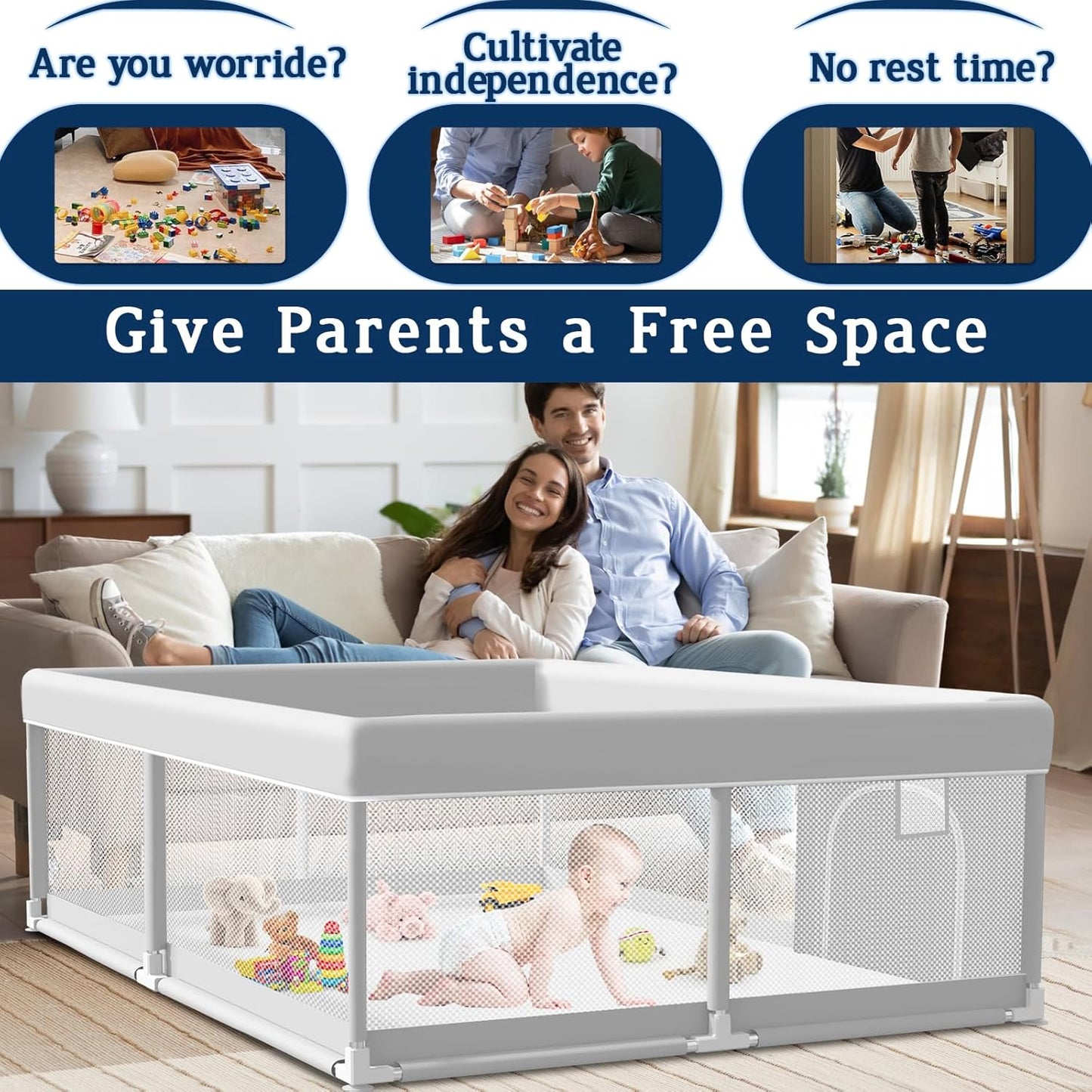 Baby Playpen with Mat, 50x50 Inch Playpen with Mat Waterproof for Babies and Toddlers Play Pen Playards Safety Gate Fence Active Center Indoor