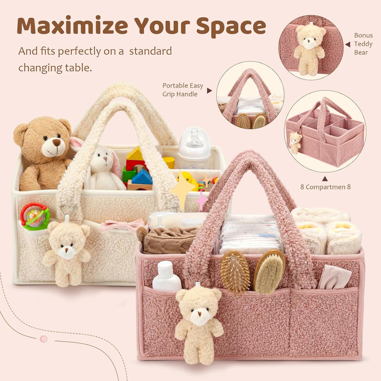 Shinylin 2 Pack Diaper Caddy Organizer Baby Caddy Organizer with Handle Nursery Storage Bin and Car Storage Basket for Diapers, Wipes, Newborn Necessities Baby Shower Gifts(Lily Green and Ivory)