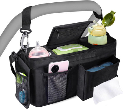 INFANZIA Universal Adjustable Stroller Organizer with Insulated Cup Holders, Phone Bag & Detachable Shoulder Strap, Fits Uppababy, Doona, Britax, Jogging Strollers and Most Baby Strollers (Black)