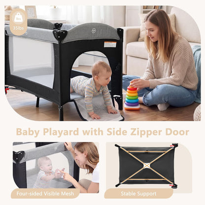 Kinder King 4 in 1 Portable Baby Playard, Foldable Baby Bedside Crib w/Bassinet, Infant Pack and Play Playard Toddler Large Playpen, Newborn Changing Table, Storage Basket, Grey