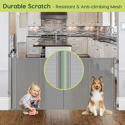 Reinforced 55" Wide Retractable Dog Gate with Support Rods, 33" Tall Retractable Baby Gate for Dogs, No Sag and Wrinkle Mesh Child Gates for Doorways, Indoor Pet Barrier Stair Gates for Kids, Gray