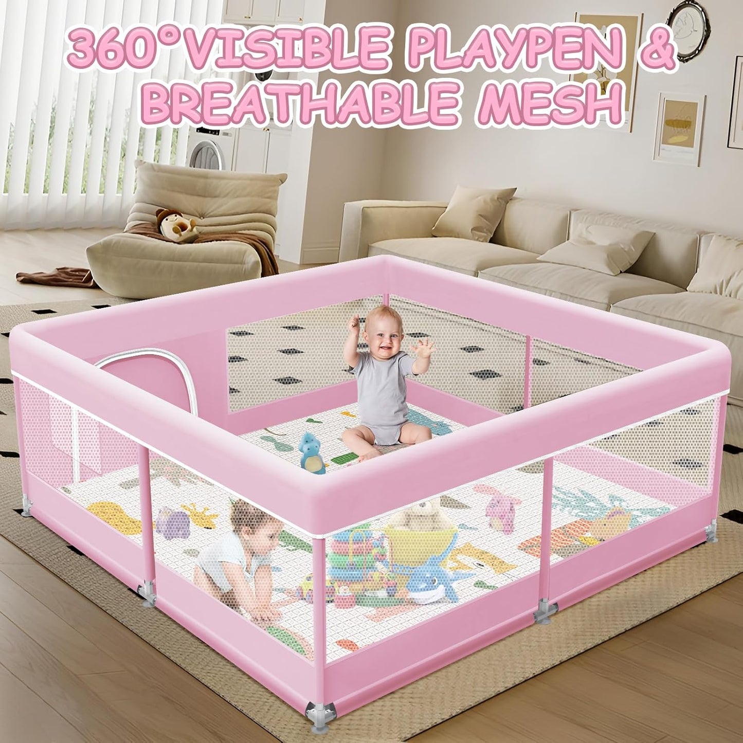 XVISHX Baby Playpen 50 x 50 Inch Play Pen Playards, Playpen for Babies and Toddlers, Baby Playard for Indoor & Outdoor Active Center Game Fence, with Skin-Friendly Fabric and Soft Breathable Mesh Grey