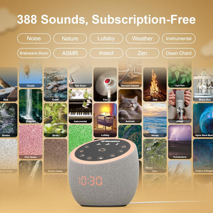Santebee Sound Machine for Sleep, White Noise Sound Machine 388 Soothing Sounds, 3 Custom Buttons Smart APP Control Night Light, Noise Canceling Dimmable Clock for Adults Baby Kids Lullaby Office