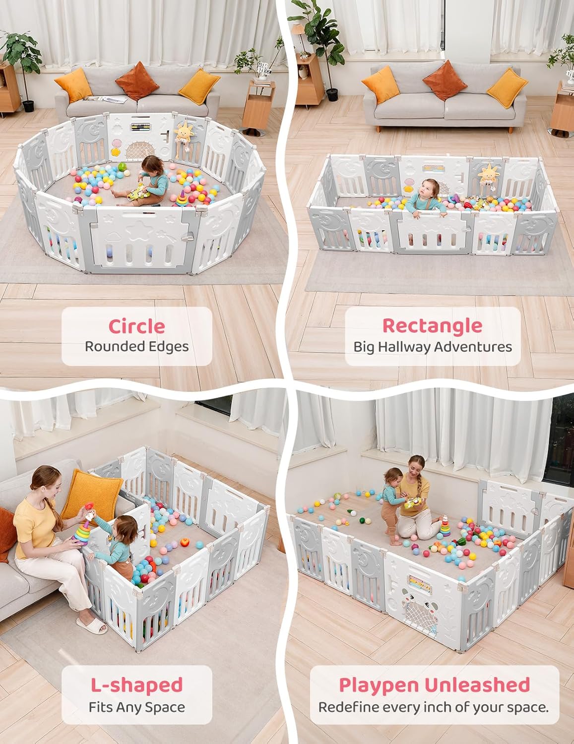 Baby Playpen, Dripex Baby Playard for Babies and Toddlers, 14-Panel Foldable Playpen Adjustable Portable Play Area, Indoor/Outdoor Kids Active Center with Game Panel & Safety Gate, Grey White