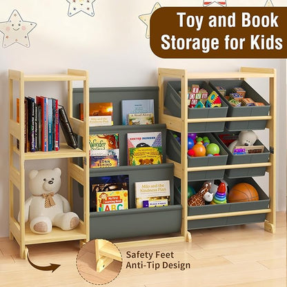 Kids Bookshelf and Toy Storage Organizer with 3-Tier Book Display and Shelves, Kids Toy Organizers and Storage with Bins, Book Shelf for Kids Rooms, Playroom Decor for Toddler Bedroom Nursery