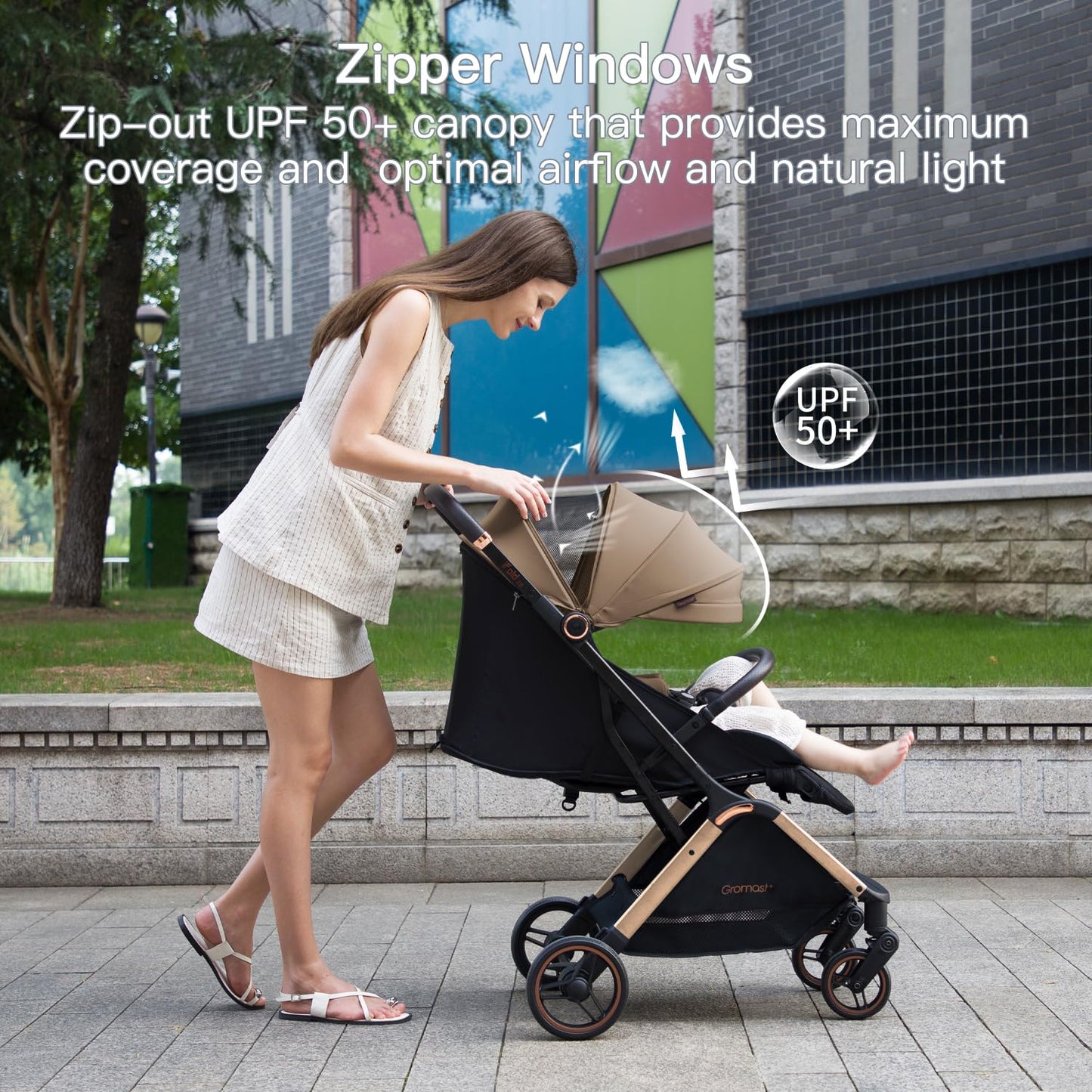 Gromast Gravity Folding Baby Stroller - Portable Travel Toddler Stroller w/Adjustable Backrest, Canopy & Cup Holder, Lightweight and UV Protected, One-Hand Automatic Folding - Green