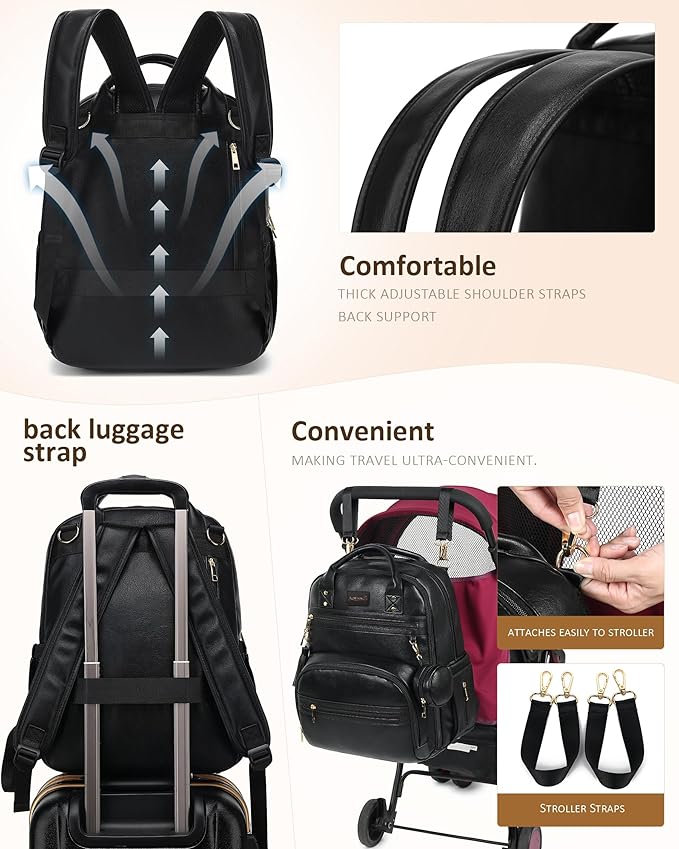 ROSEGIN Premium Vegan Leather Diaper Bag Backpack with Waterproof Changing Pad, Reinforced Zippers & Odor-Free, 20 Pockets Pro Organizer, Fits 15.6" Laptop, Stroller Straps, Baby Bag for Mom, Black