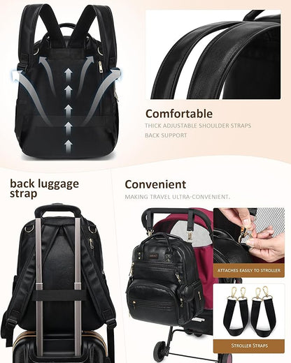 ROSEGIN Premium Vegan Leather Diaper Bag Backpack with Waterproof Changing Pad, Reinforced Zippers & Odor-Free, 20 Pockets Pro Organizer, Fits 15.6" Laptop, Stroller Straps, Baby Bag for Mom, Black