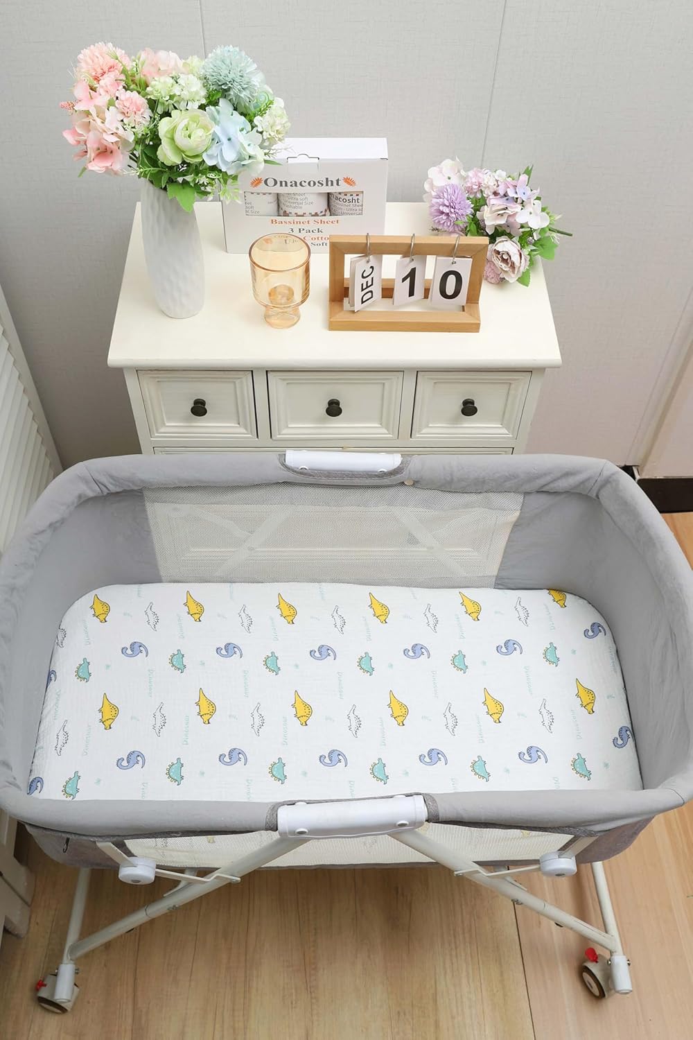 Onacosht Muslin Bassinet Sheets 3 Pack, 100% Cotton Baby Fitted Sheet 33" x 19" Compatible with Mika Micky, KoolaBaby (3 in 1), BabyBond, HARPPA and RICUTON Bedside Bassinet, Green, Floral and Cactus