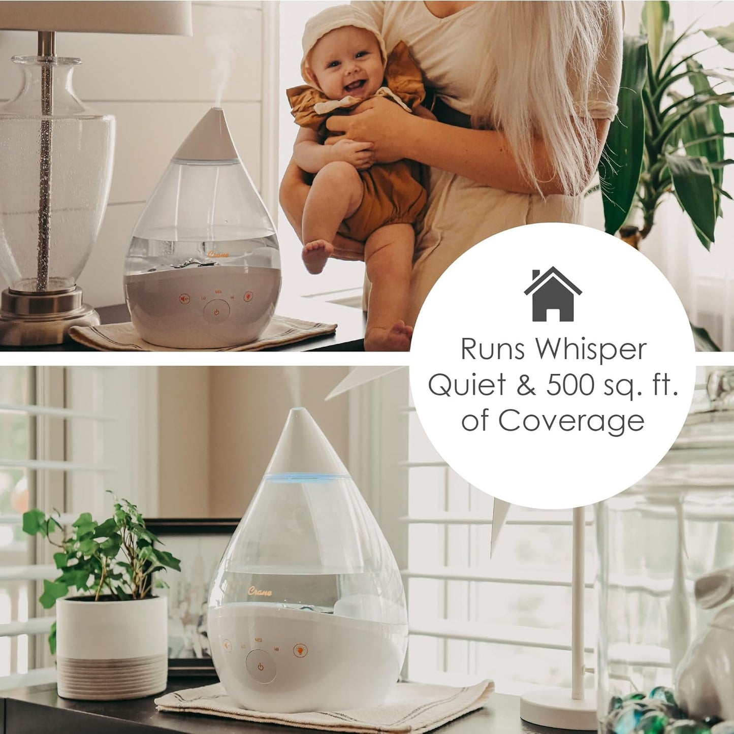 Crane 4-in-1 Drop 2.0 Ultrasonic Cool Mist Humidifier with Sound Machine, Night Light, Aroma Tray, 1 Gallon Top Fill, Blue & White