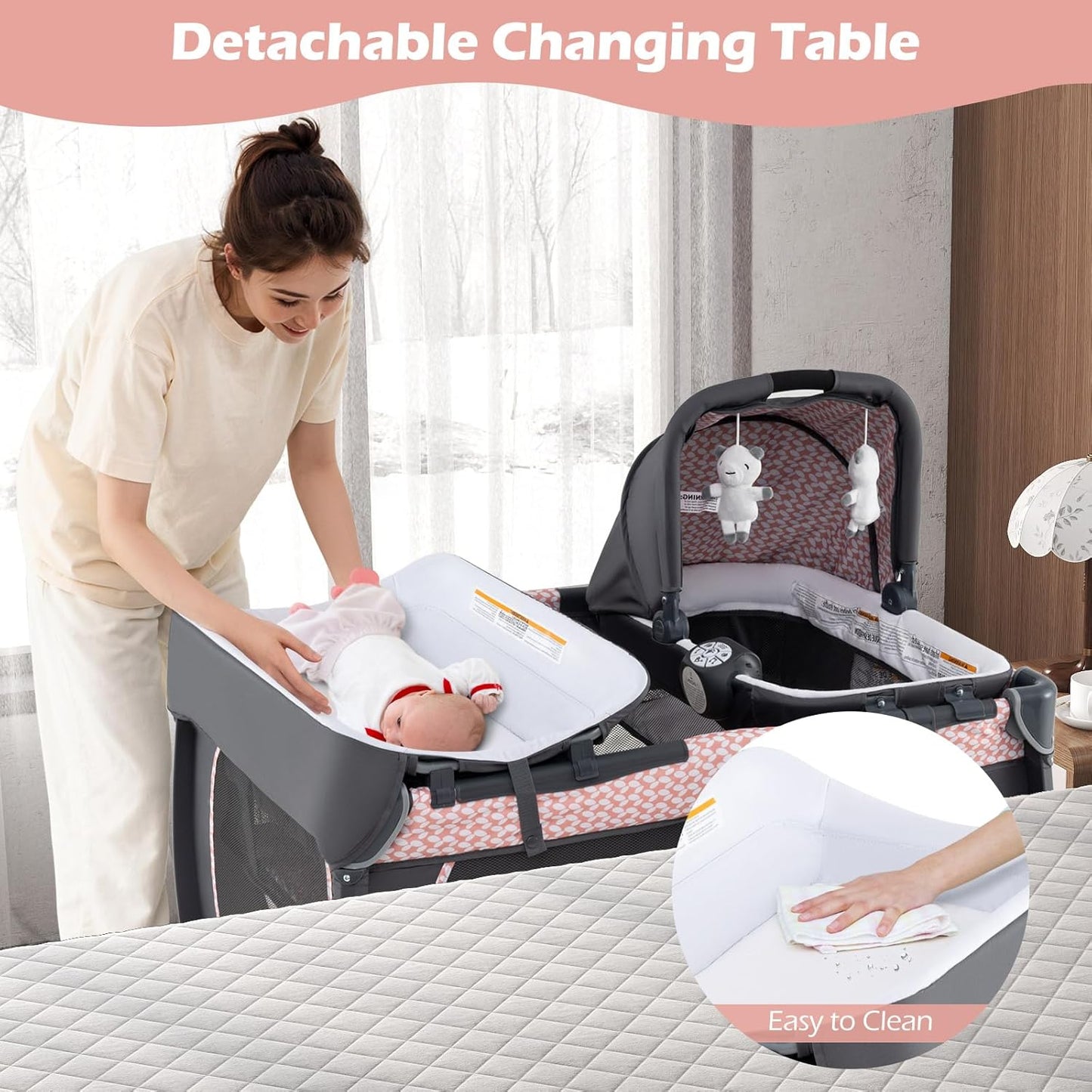 INFANS 4 in 1 Pack and Play, Portable Nursery Center for Baby Kid Infant, Travel Playard with Bassinet, Mattress, Diaper Changer, Bag, Music Box, Storage Basket (Pink)
