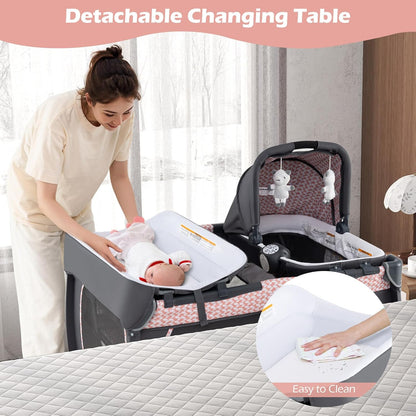 INFANS 4 in 1 Pack and Play, Portable Nursery Center for Baby Kid Infant, Travel Playard with Bassinet, Mattress, Diaper Changer, Bag, Music Box, Storage Basket (Pink)